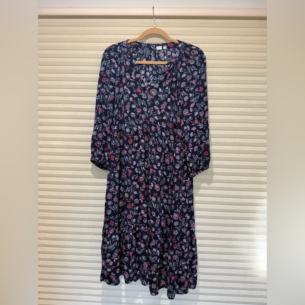 GAP Navy Floral Long-Sleeve Midi Dress